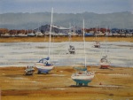 landscape, seascape, boats, wales, u.k., inlet, sea, boatyard, original watercolor painting, oberst